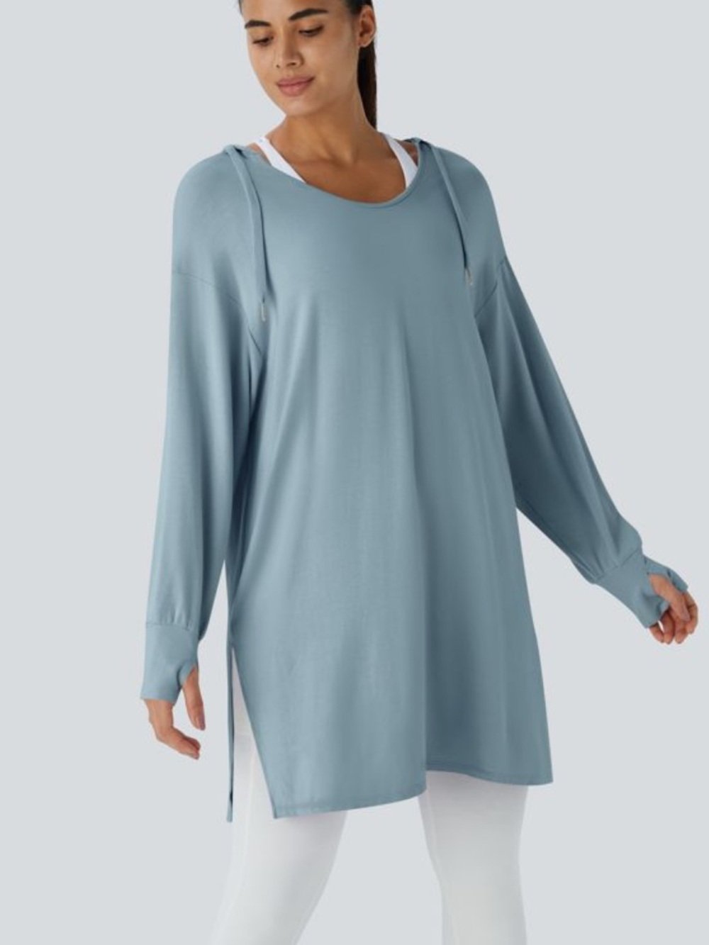 HALARA Hooded V Neck Drawstring Thumb Hole Longline Casual Sweatshirt